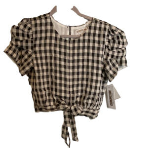 DRESS THE POPULATION Crop Top Size M Short Sleeve Black Cream Plaid Fall Gingham